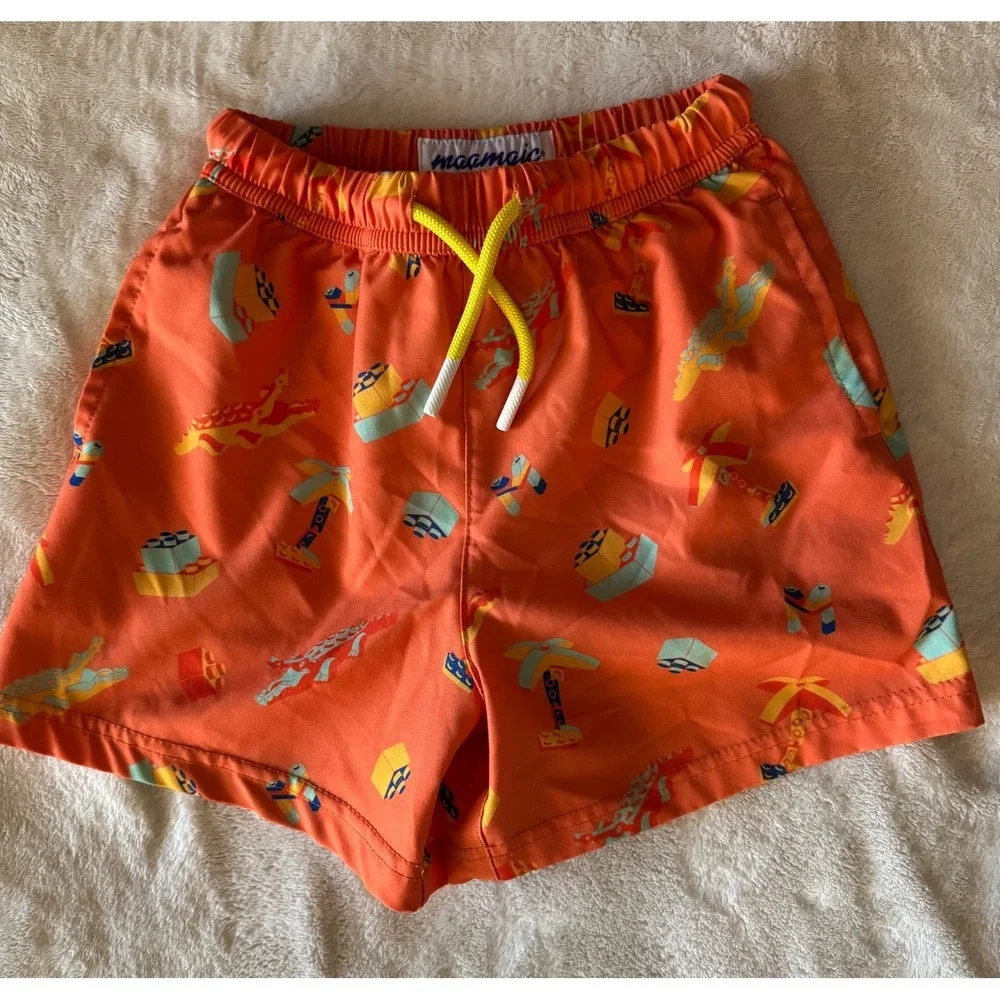Maamgic Boys Orange Building Block Tropical 2-in-1 Swim Trunks Size 5/6